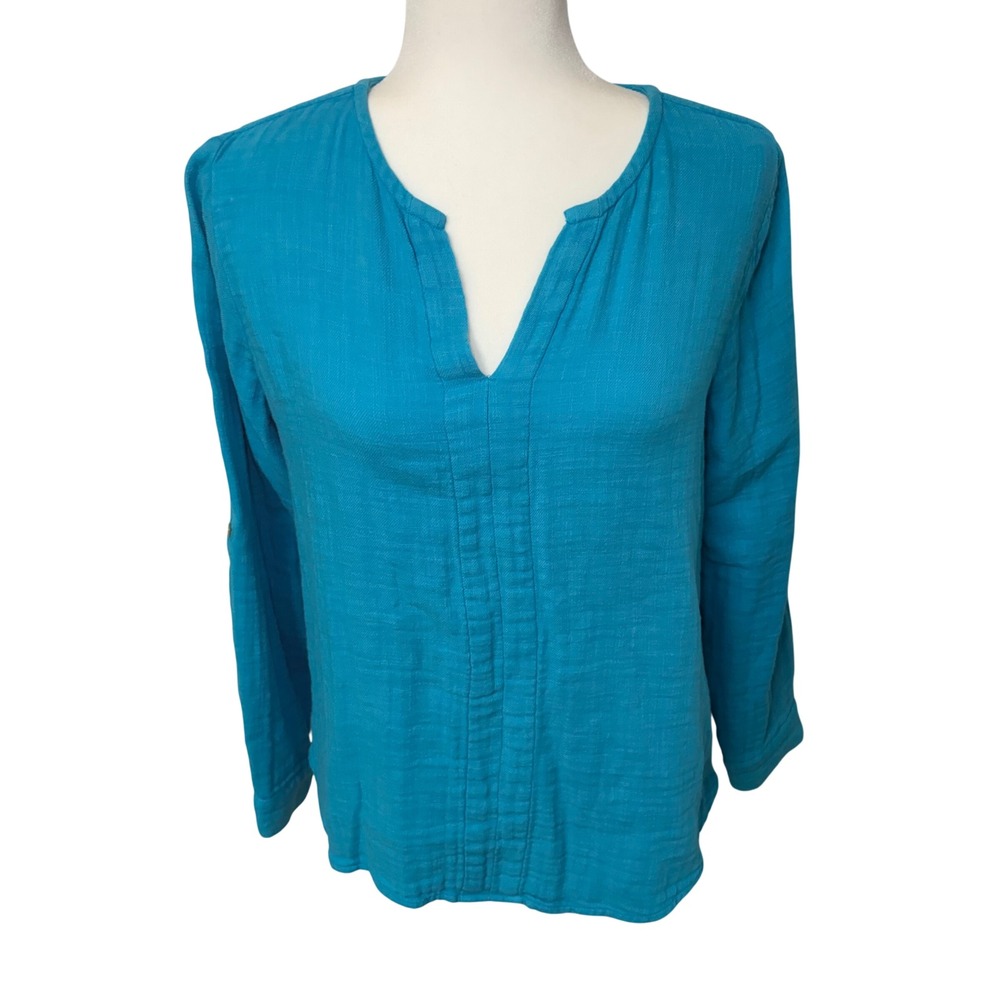Soft Surroundings Turquoise Blue 100% Cotton Tunic Top Roll Tab Sleeve Petite M